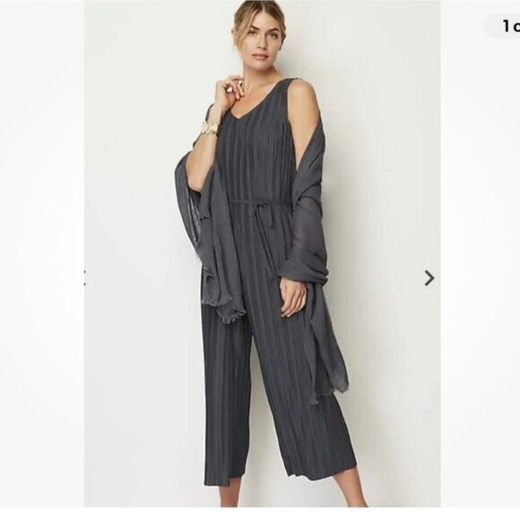 J Jill Pure Jill Elements Pleated Jumpsuit Women Large Gray Wide Leg Crop Lagen - Picture 1 of 12